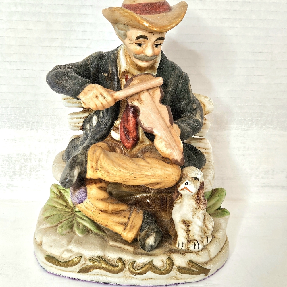 Homco 80s Vintage Old Man Playing Fiddle with Dog Figurine
